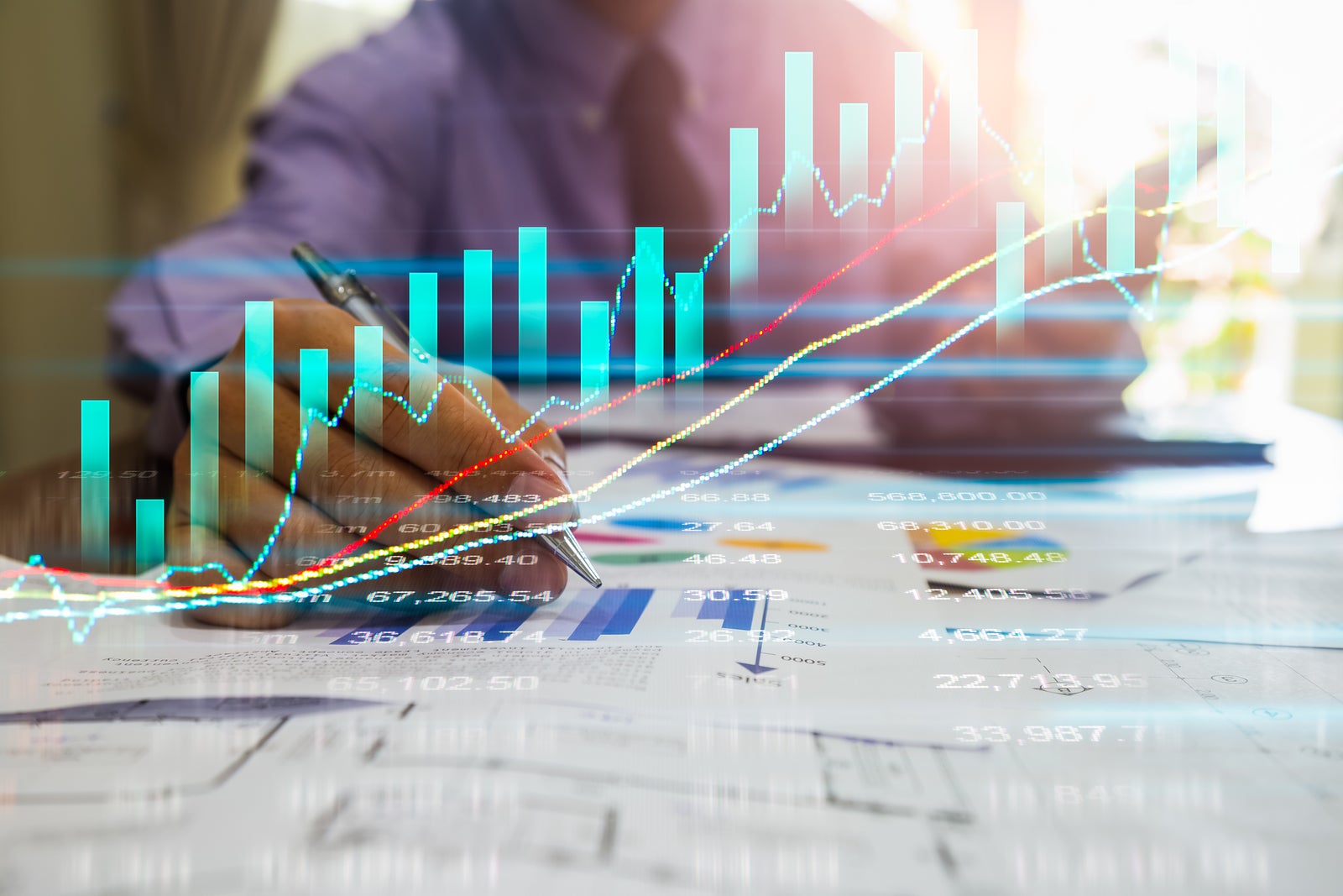 Stock market graph and business financial data on LED. Business graph and stock financial indicator. Stock or business market analysis concept. Business financial or stock market background. Business graph on stock market financial exchange