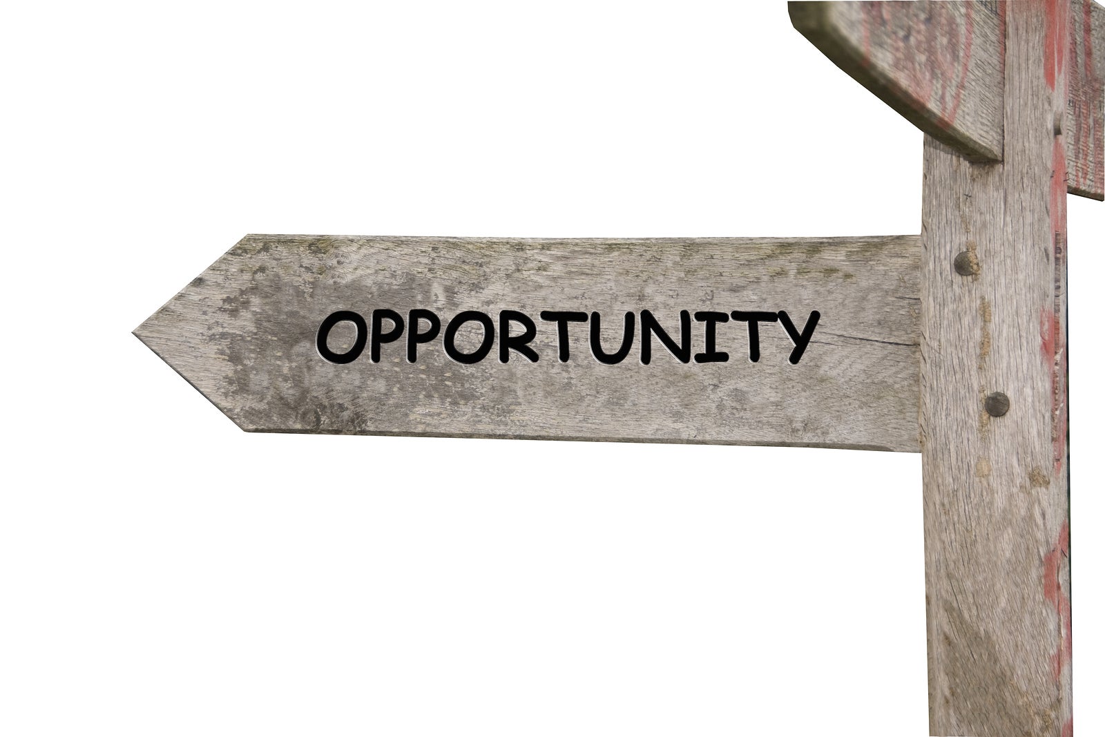 A sign that reads "Opportunity" on a wooden post with white background