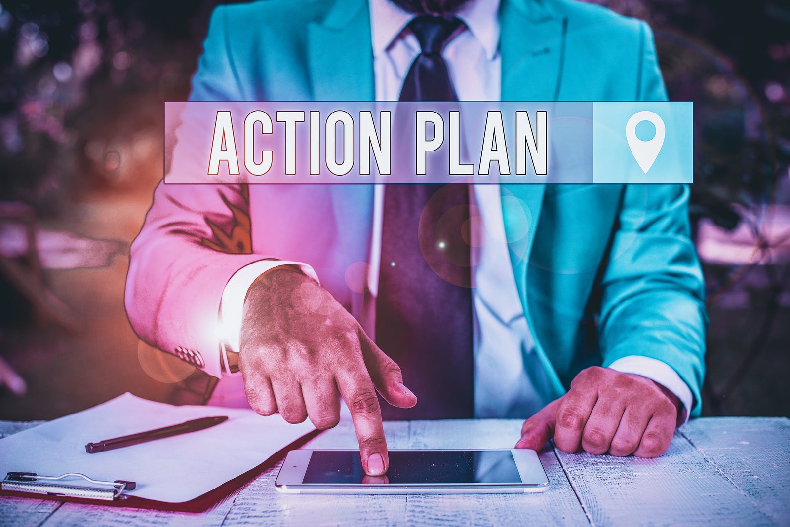 Writing note showing Action Plan. Business photo showcasing detailed plan outlining actions needed to reach goals or vision Businessman with pointing finger in front of him.