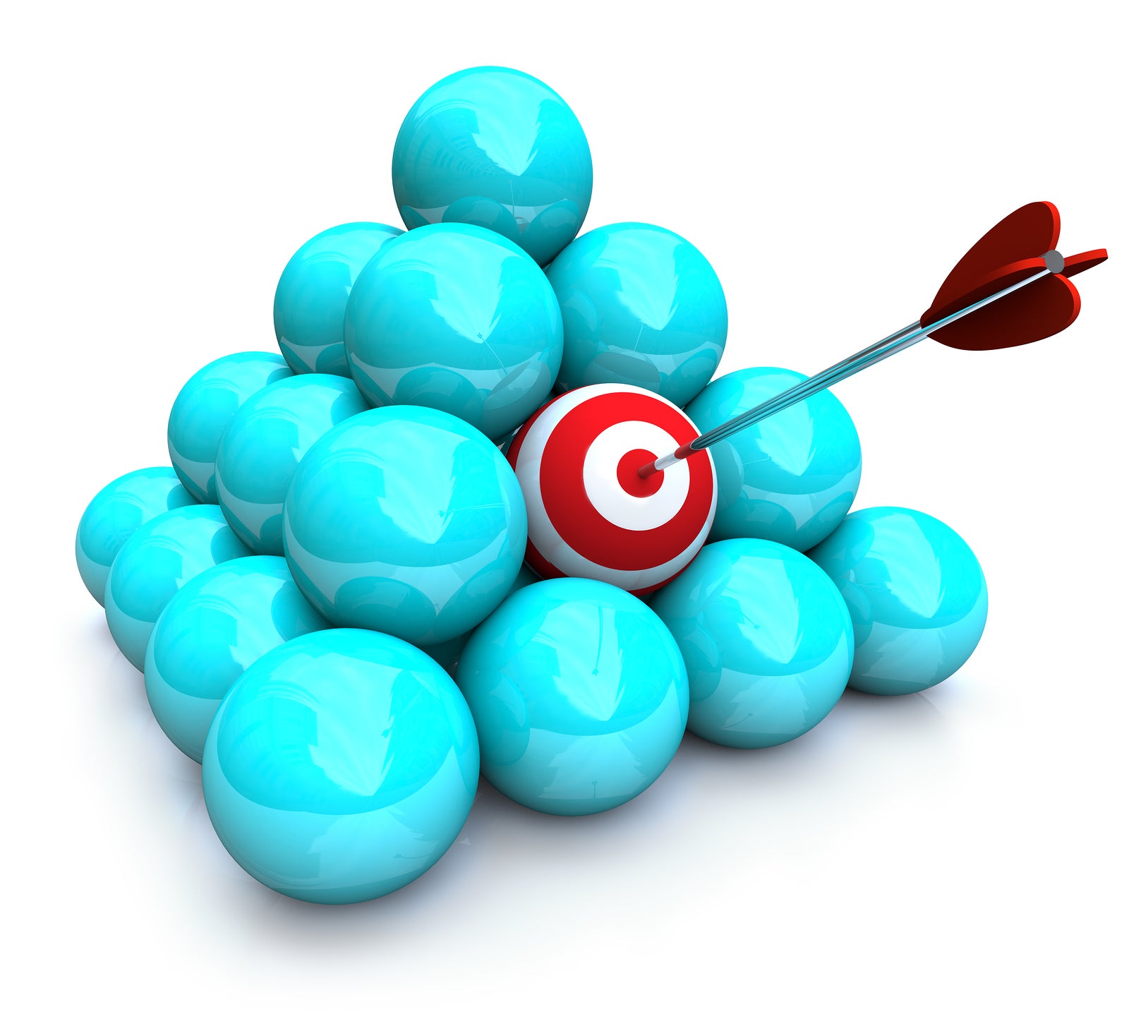 An arrow hits the target in a pyramid of balls - symolizing targeted marketing