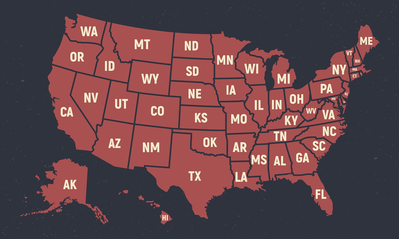 United States of America retro poster map. USA map with short state names. Vector US map with states.