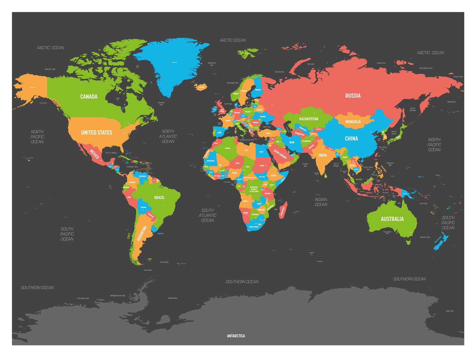 World map. High detailed political map of World with country, capital, ocean and sea names labeling. Colorful map on dark background