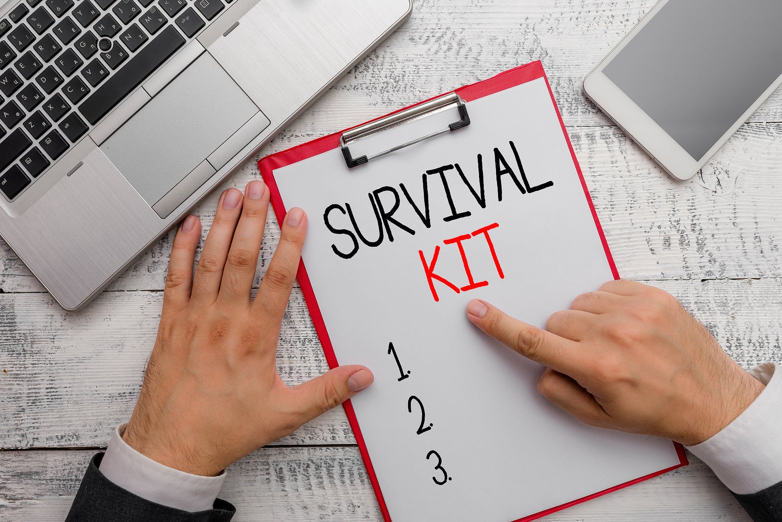 Writing note showing Survival Kit. Business photo showcasing Emergency Equipment Collection of items to help someone.