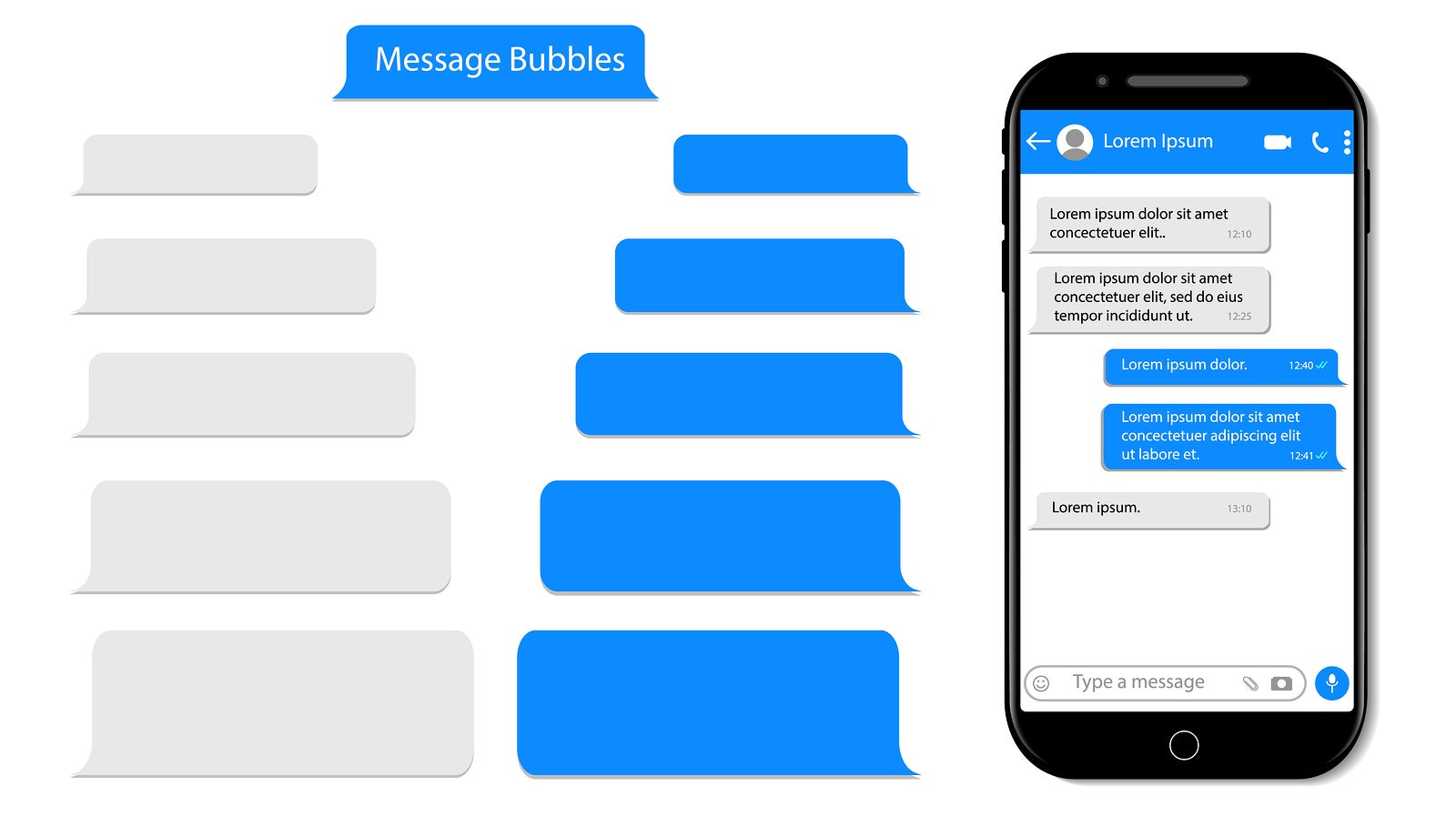 Message speech bubble for text on phone. Mockup sms chat, conversation for mobile. Smartphone chatting with text box. Chat bubble UI. Messenger template isolated background. design vector illustration