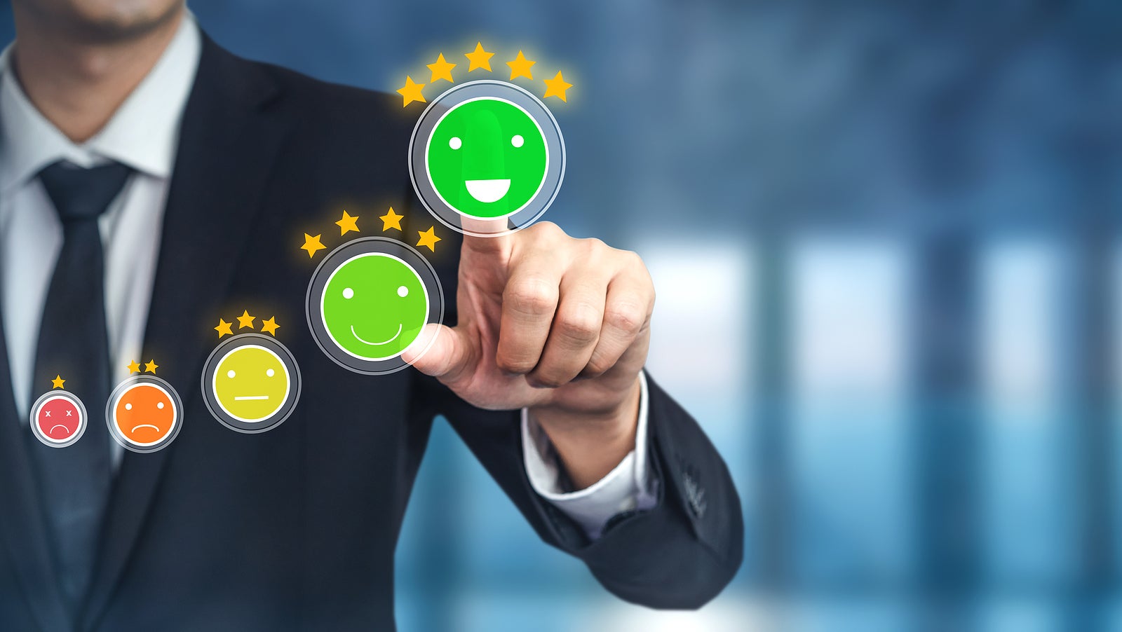 Customer review satisfaction feedback survey concept. User give rating to service experience on online application. Customer can evaluate quality of service leading to reputation ranking of business.