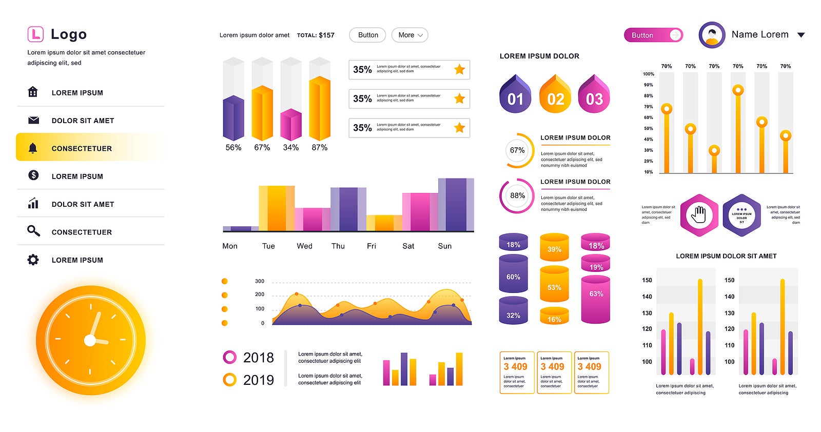 Dashboard UI. Admin panel vector design template with infographic elements, HUD diagram, info graphics. Website dashboard for UI and UX design web page. Vector illustration.