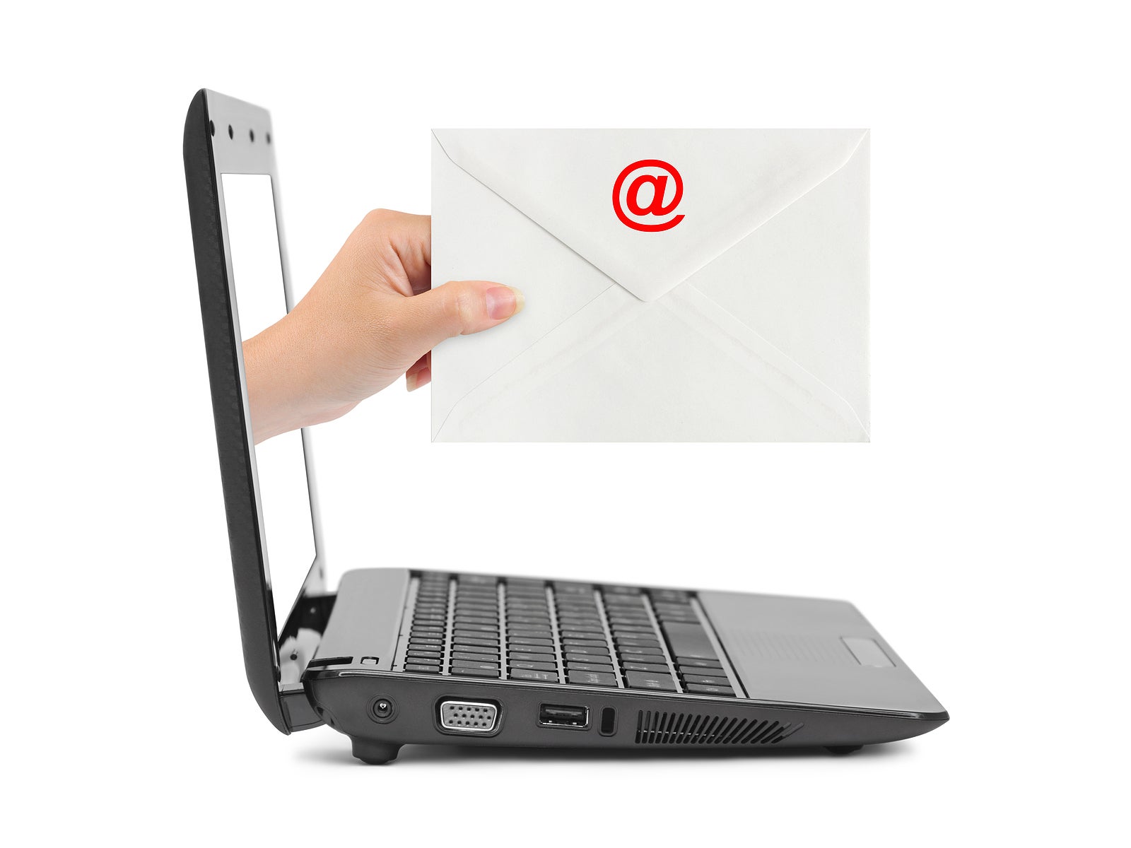 Hand with letter and notebook isolated on white background