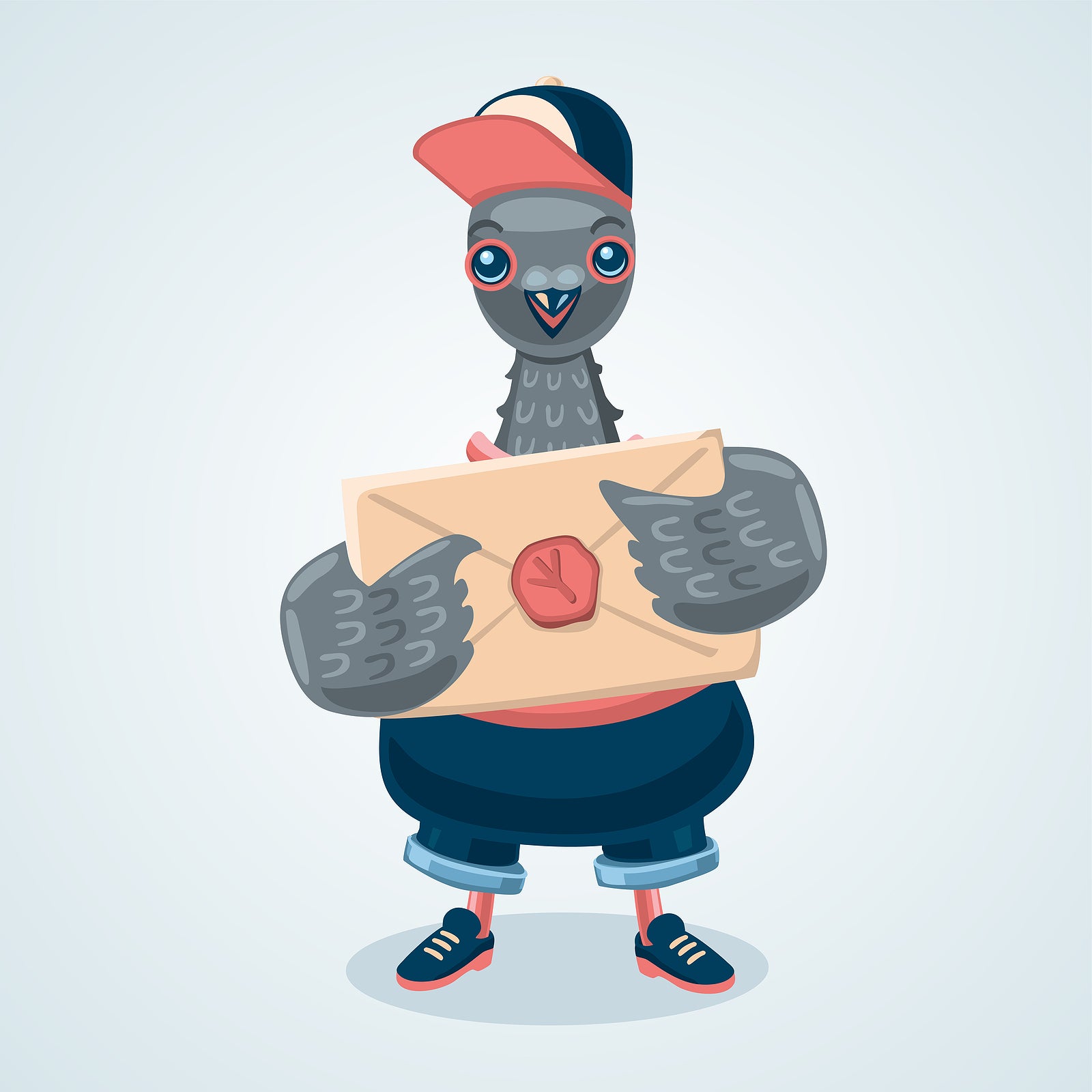 Pigeon courier boy. Humanized dove postman Cartoon style illustration. Delivery bird. Vector graphic.