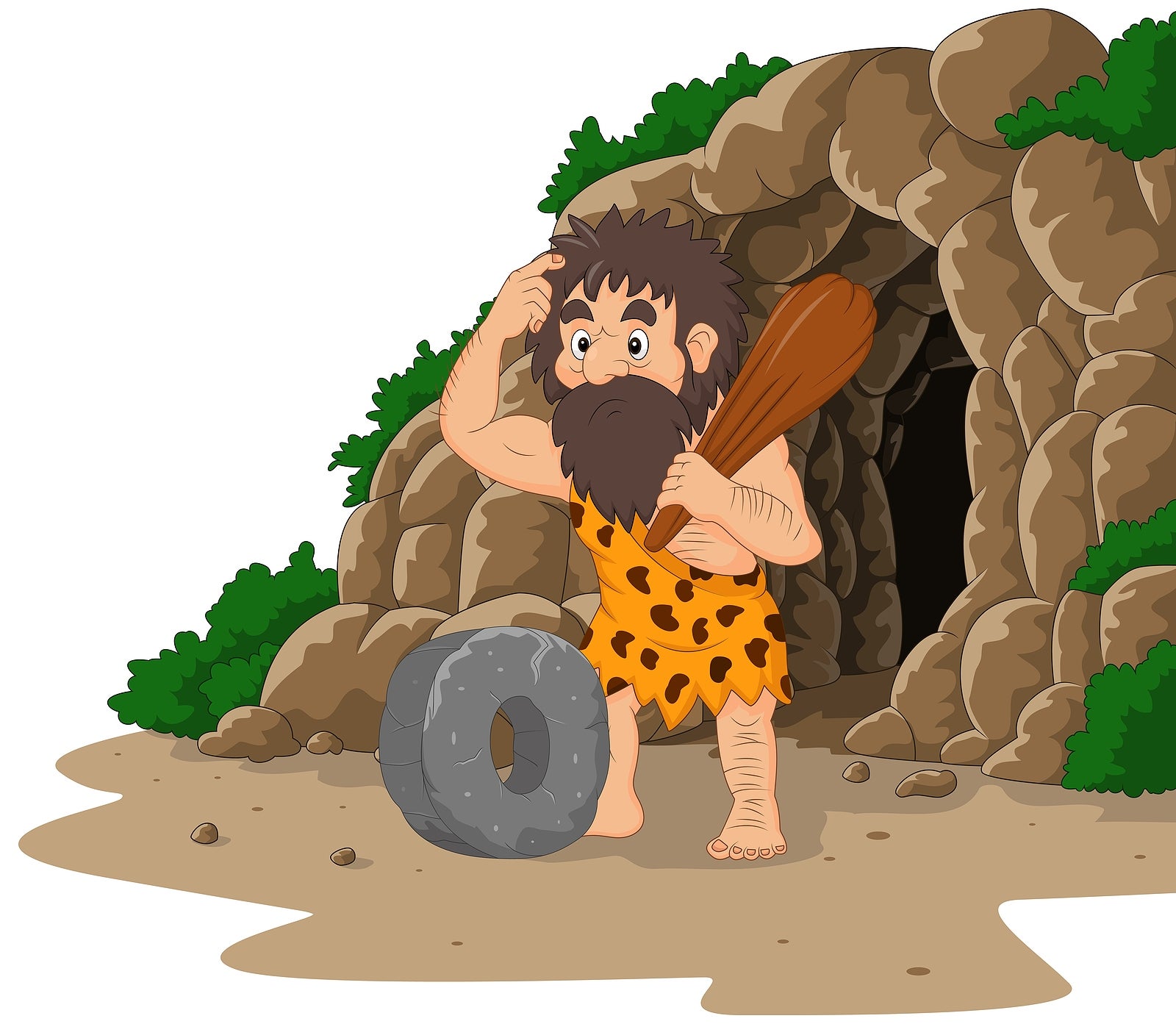 Cartoon Caveman Inventing Stone Wheel With Cave Background | SmallBizClub