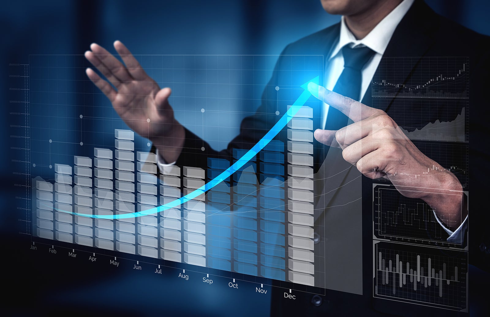 Double Exposure Image of Business and Finance - Businessman with report chart up forward to financial profit growth of stock market investment.