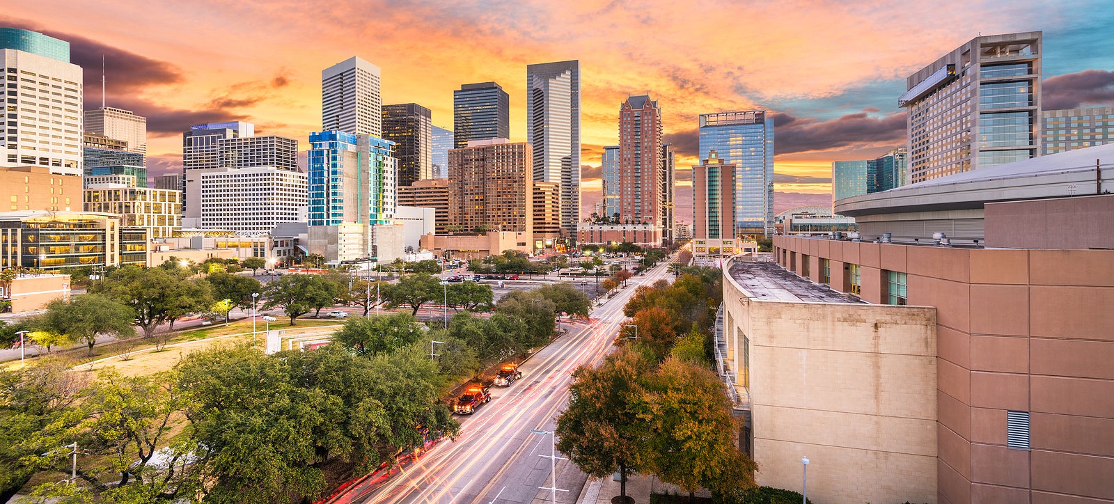 Houston, Texas, USA downtown park and skyline at twilight.