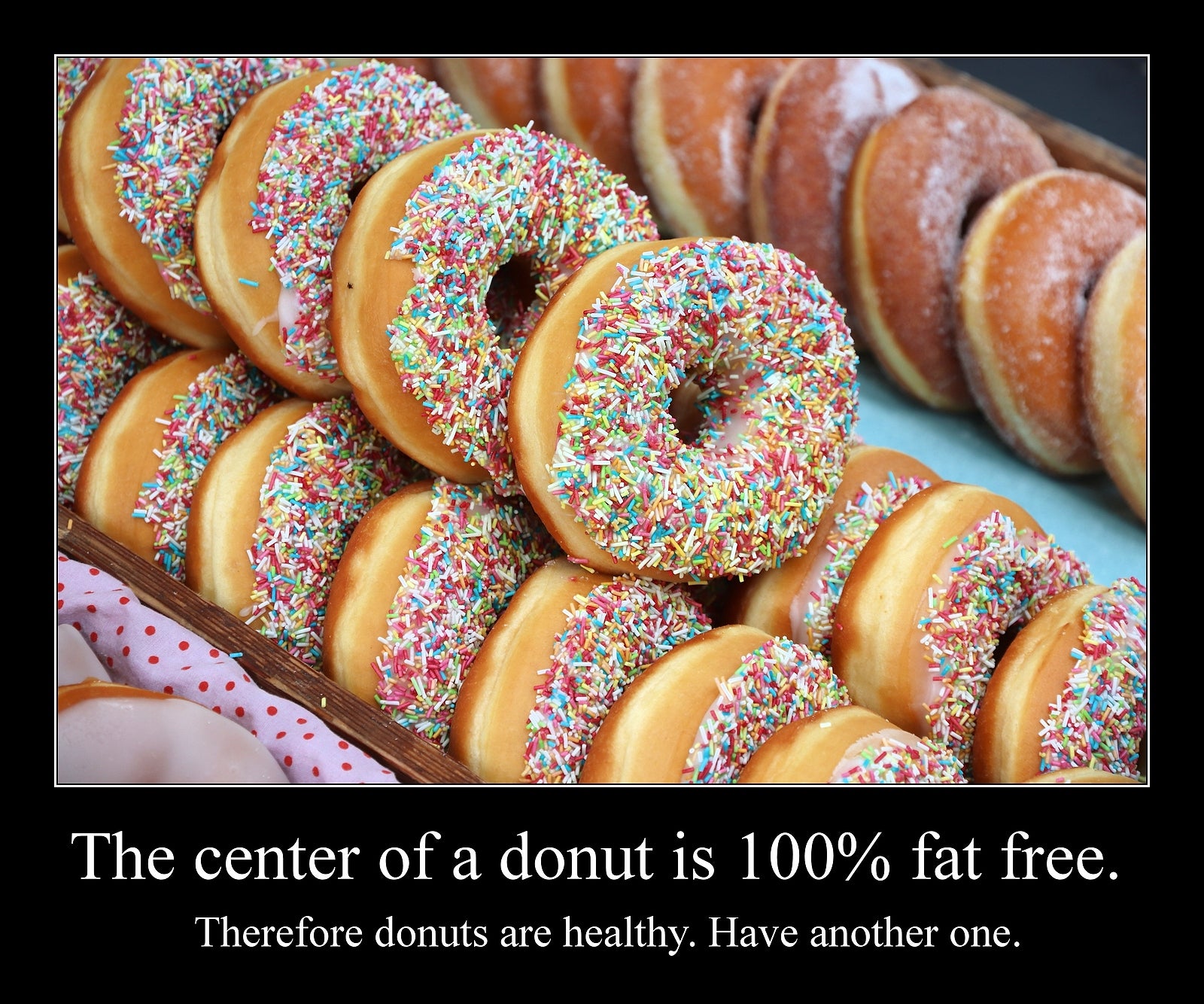 Funny meme for social media sharing. Healthy food and donuts meme.