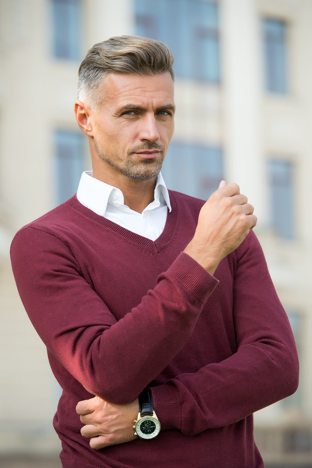 Expensive luxury accessory. Watch repair. Gift shop. Confident macho with luxurious watch urban background defocused. Status and reputation. Man mature well groomed handsome model with wrist watch.