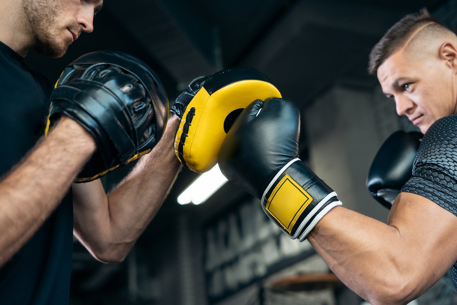 two muscle boxers sport man training and fighting on boxing ring at gym