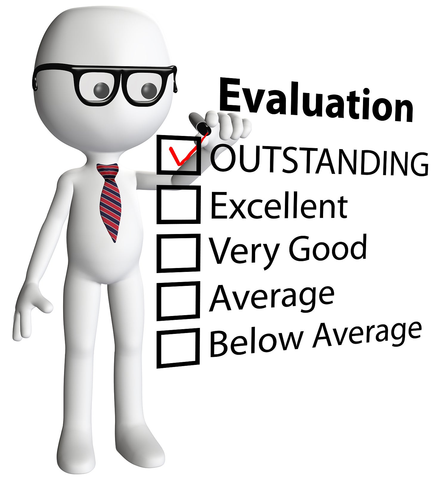 Cartoon teacher or human resources manager check OUTSTANDING evaluation form report card