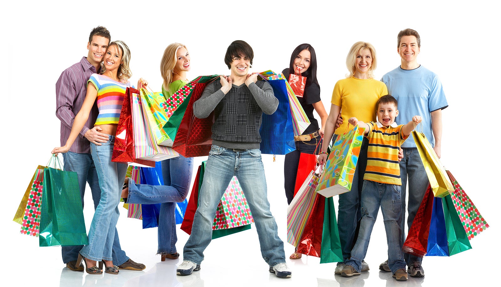 Happy shopping people. Isolated over white background
