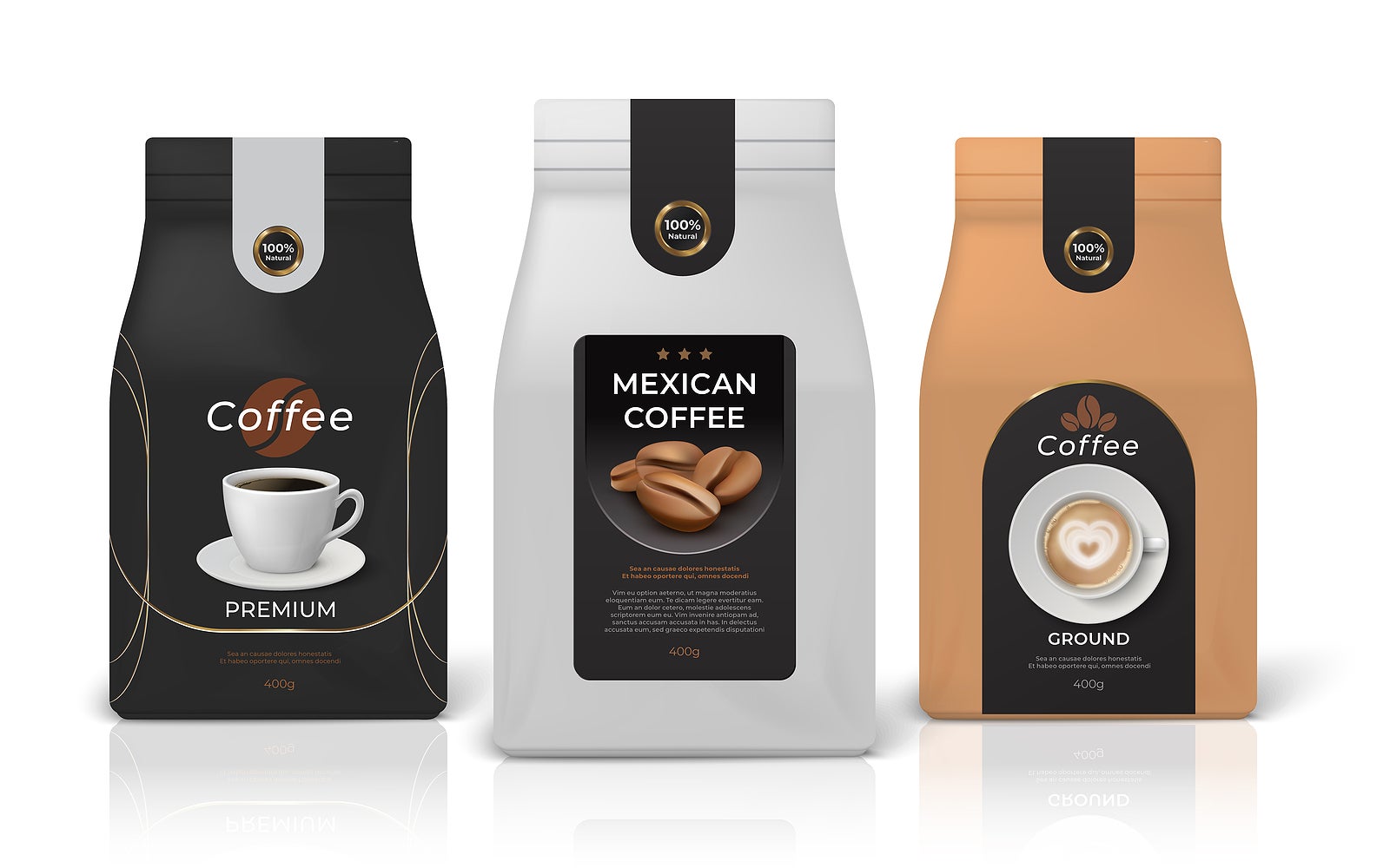 Coffee package mockup. Realistic food pack mockup with brand identity design, black white and brown paper zip packages. Vector set emblem little glossy bag for brand layout retail