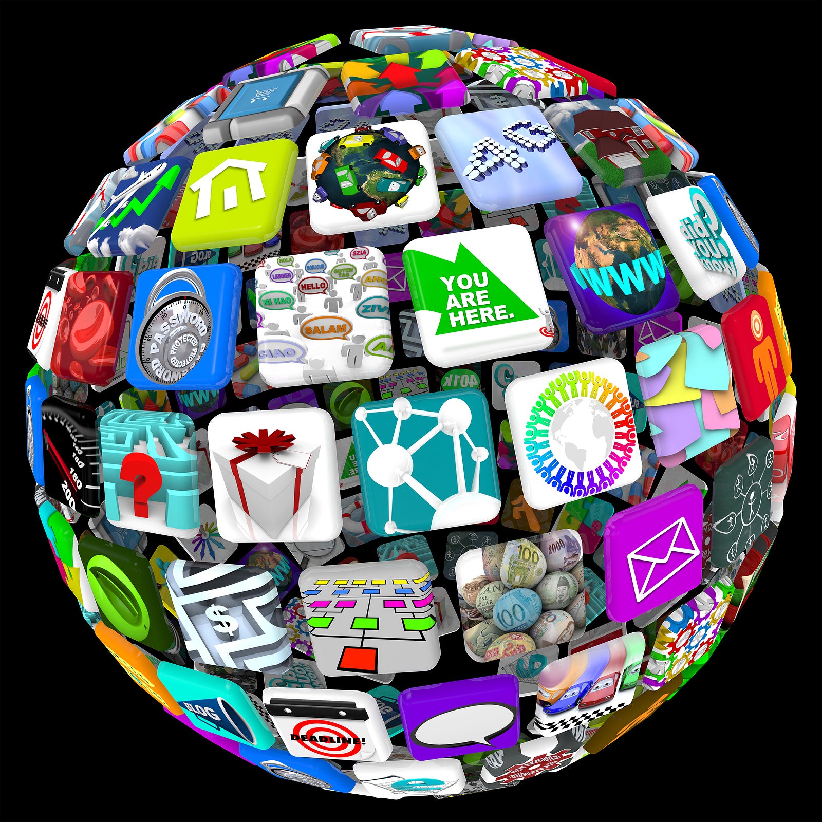 Many application tiles in a spherical pattern representing a world of available apps