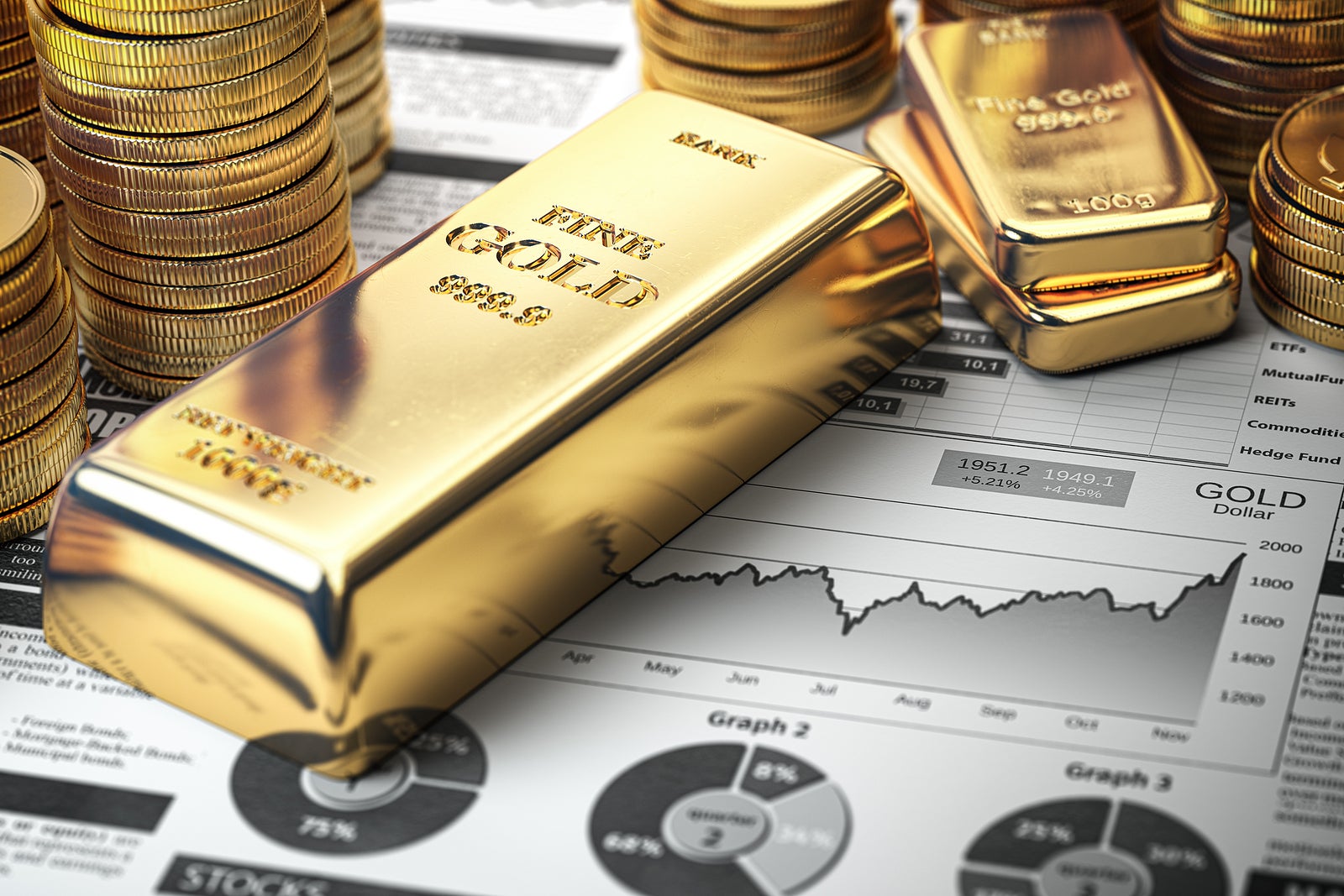 Gold bar, ingots and coins on financial  report. Growth of gold on stock market concept. 3d illustration