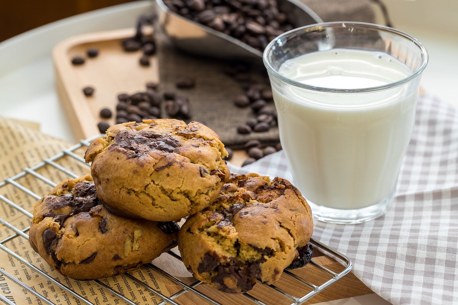 Oatmeal cookies on table. Chocolate chip cookies. Healthy food and drink and natural diet food. Cookie Almond and Cashew nuts.