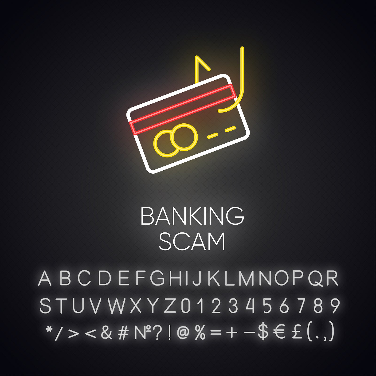 Banking scam neon light icon. Skimming. Identity theft. Credit card phishing. Financial fraud. Fake loan offer. Glowing sign with alphabet, numbers and symbols. Vector isolated illustration