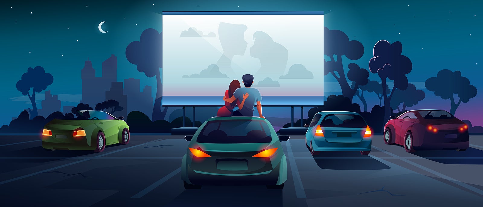 Drive cinema or car movie theater, auto theatre, vector cartoon outdoor screen background. Car cinema or drive movie in open air, boy and girl couple embrace, sit and watch romantic movie on car roof