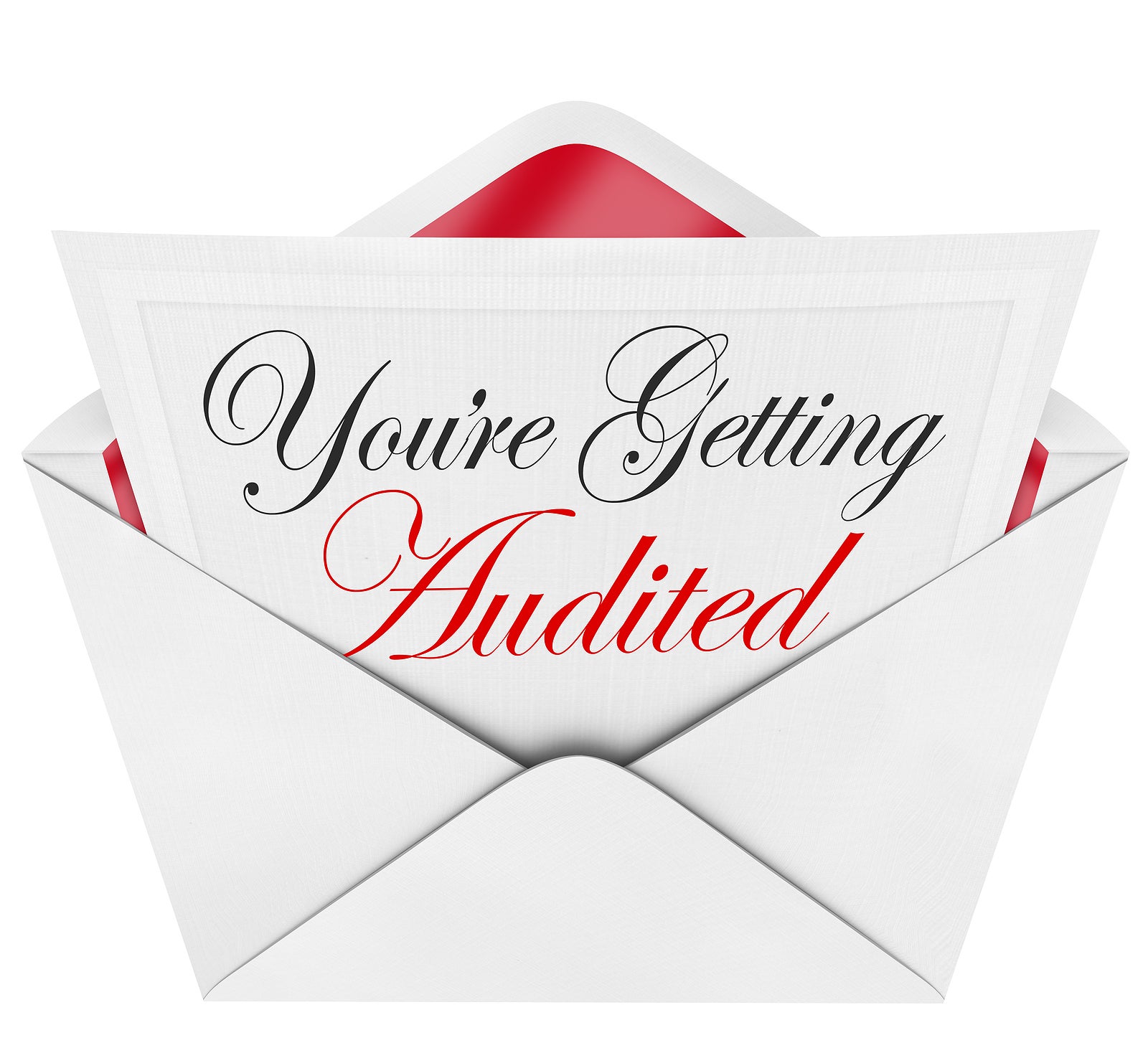 An opening envelope revealing a formal invitation to an audit from the federal government Internal Revenue Service, with the words You're Being Audited