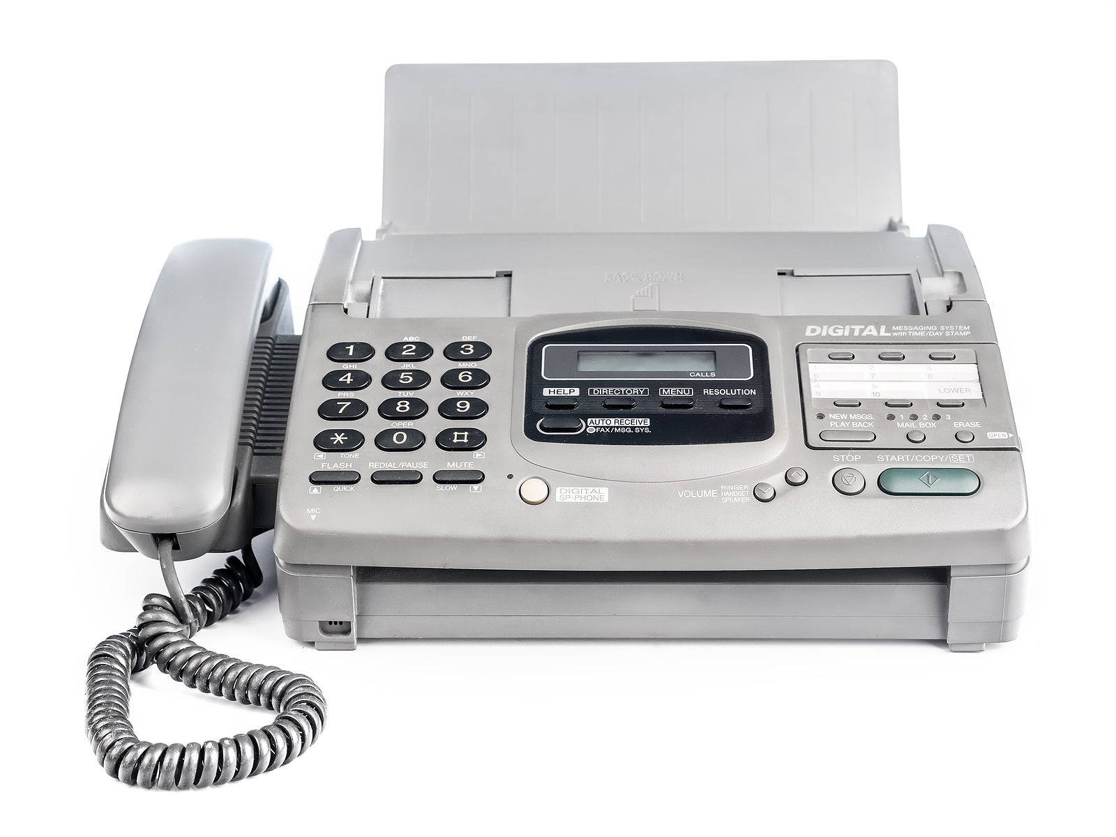 Old office fax machine shot on white background