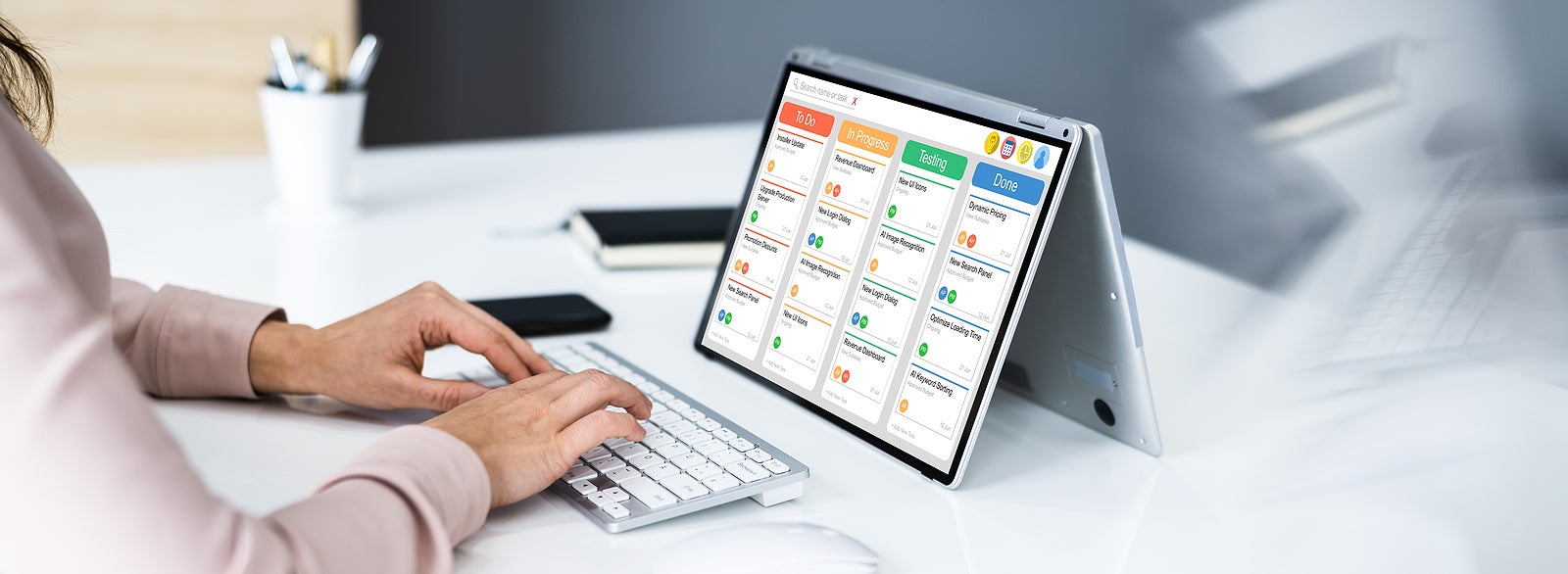 Kanban Project Schedule Management Software App On Laptop