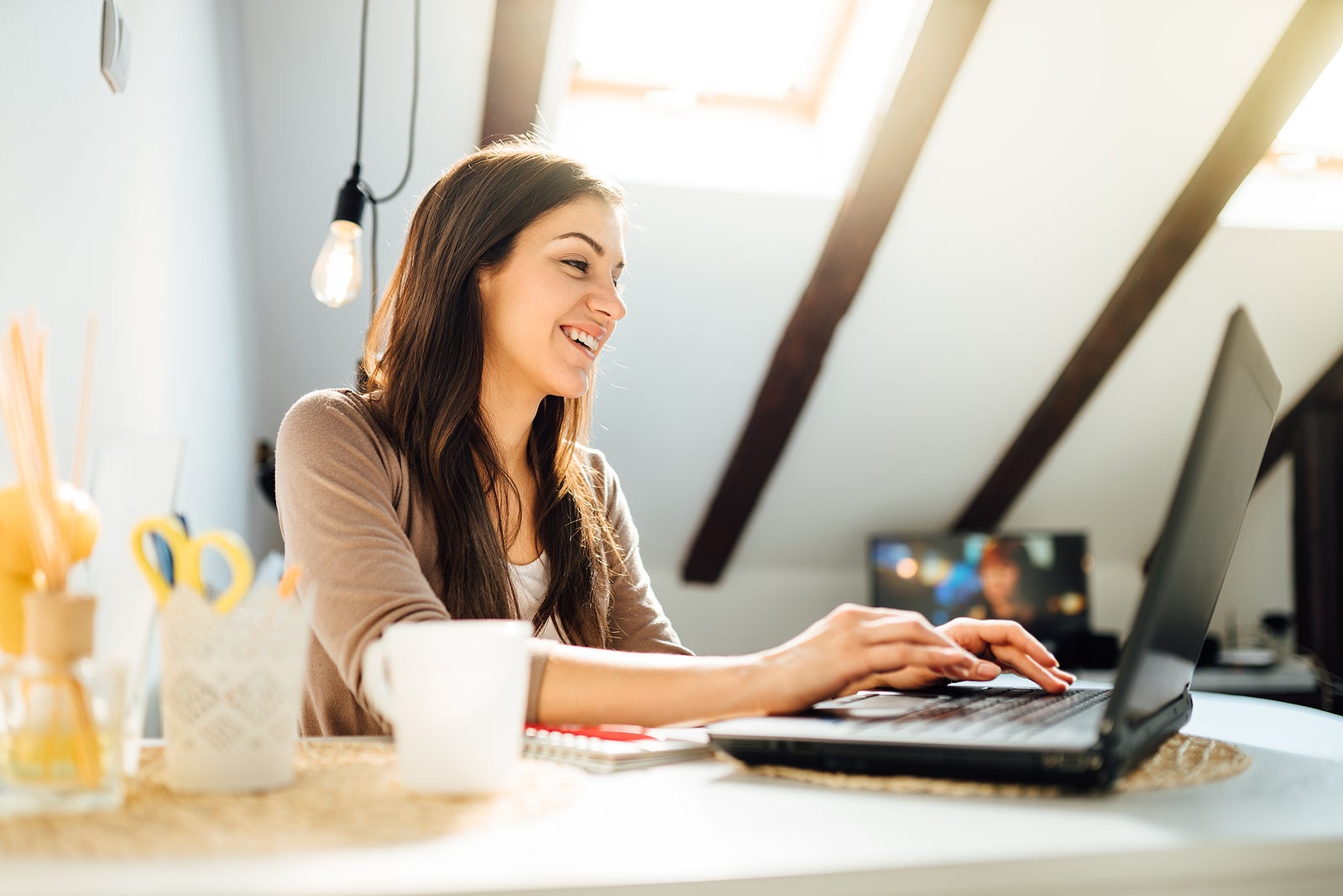 Business woman working from home on laptop computer.Checking email.Working from distance.Online business career.Writer editor.Quarantined office employee using laptop.Freelance worker.Home office