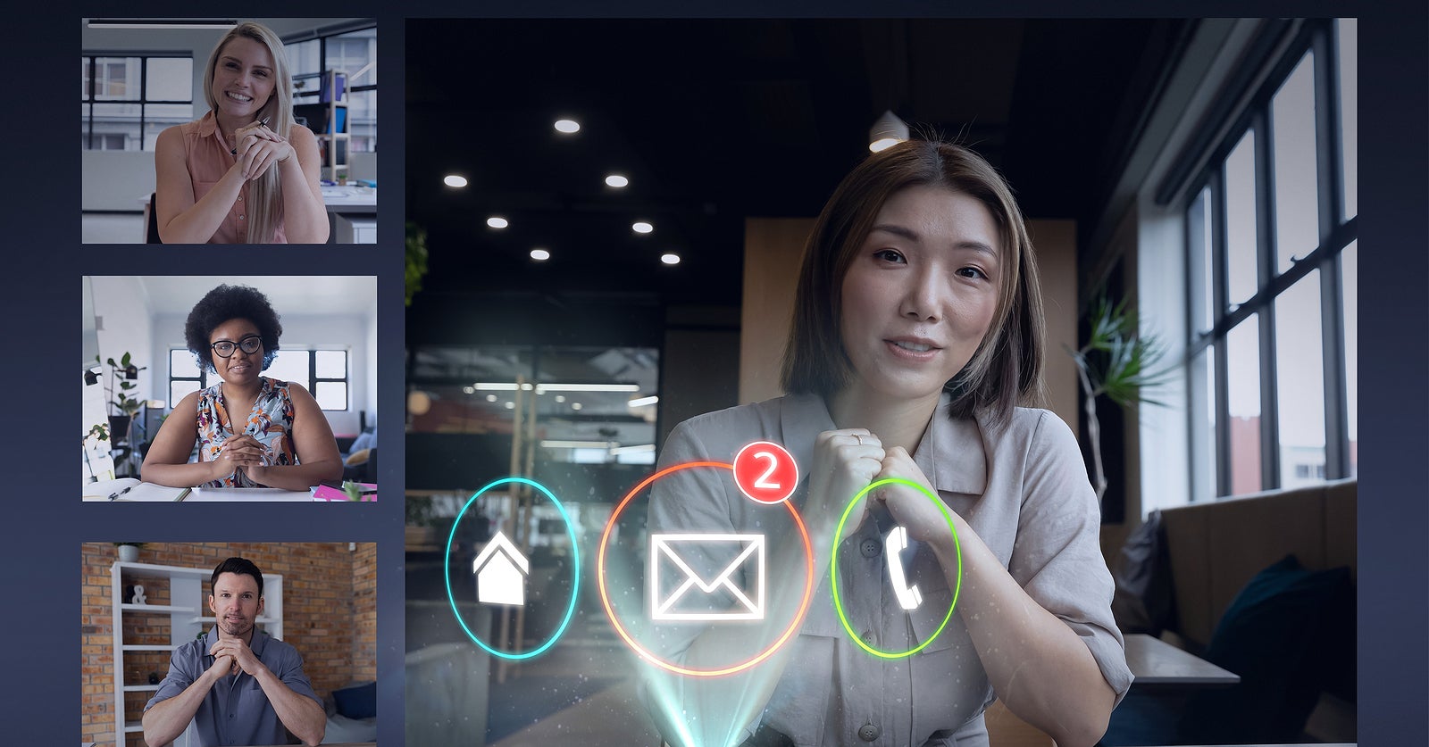 Composition of digital call icons over businesswoman on video call screen with work colleagues. with global networking, communication and technology concept digitally generated image.