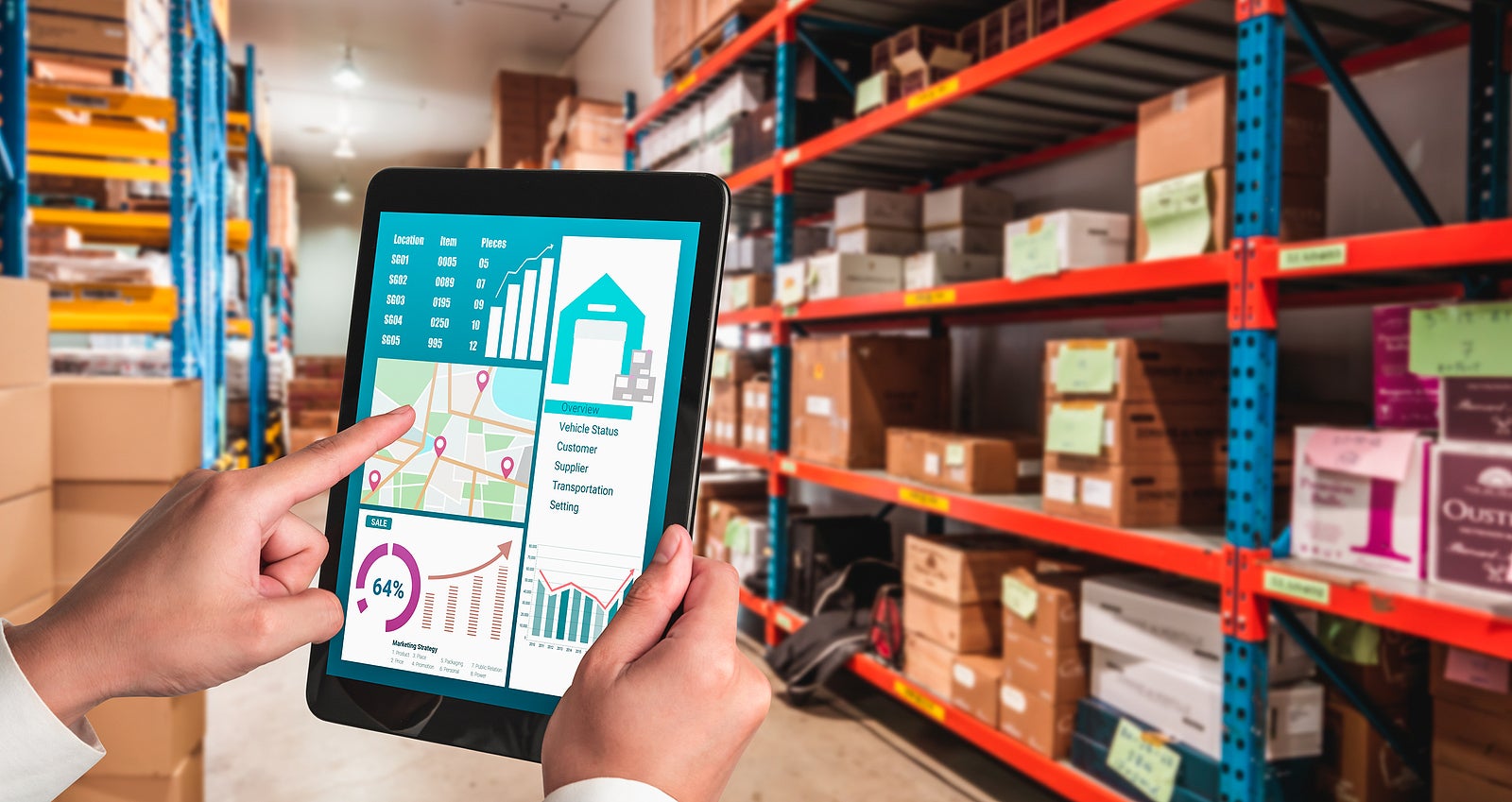 Warehouse management innovative software in computer for real time monitoring of goods package delivery . Computer screen showing smart inventory dashboard for storage and supply chain distribution .