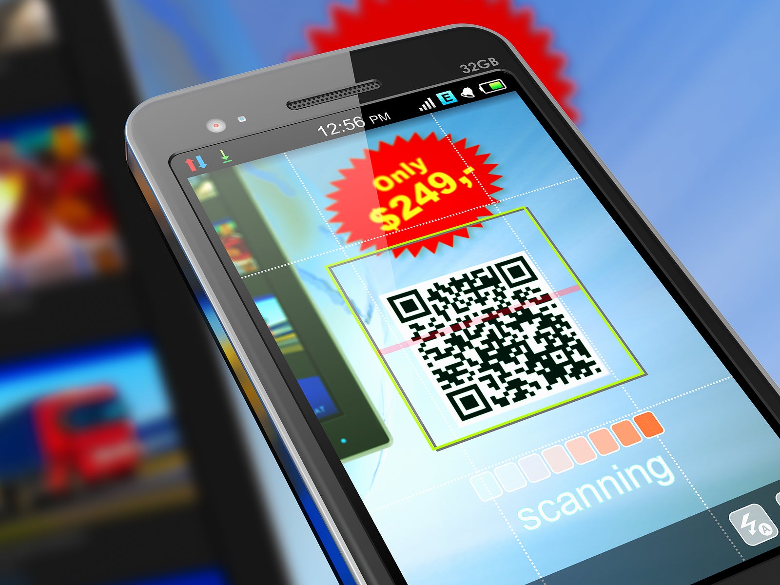 Macro view of smartphone scanning QR code for shopping