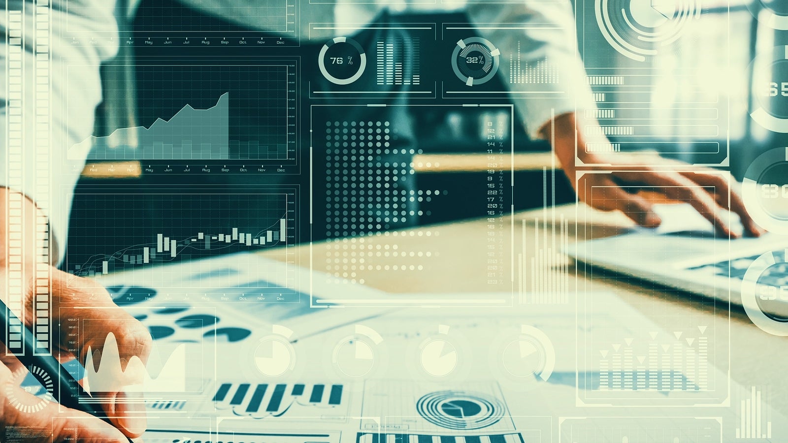 Business intelligence technology and big data analytic mixed media showing concept of futuristic information report using computer software to analyze strategic investment advice for decision making .