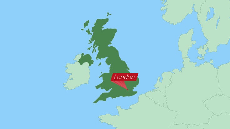 a map of the united kingdom with a pin on london