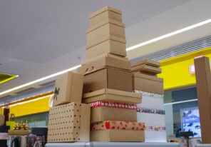 a large stack of holiday themed gift boxes