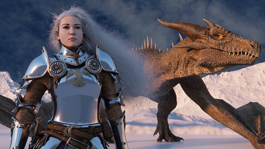 White haired female warrior knight stands with a drawn sword and a dragon behind against the backdrop of snow capped mountains. Fantasy artwork scene. CGI animation 3d rendering