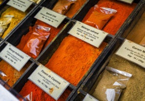 an organized display of various spices and their prices