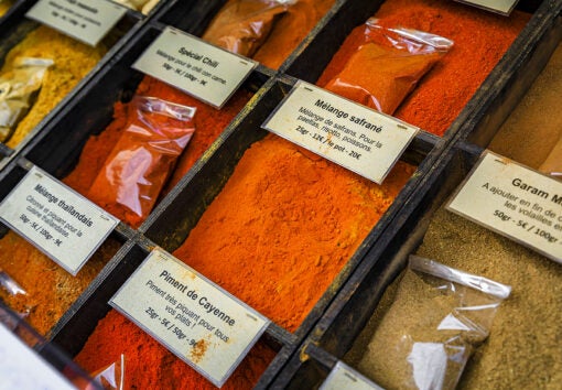 an organized display of various spices and their prices