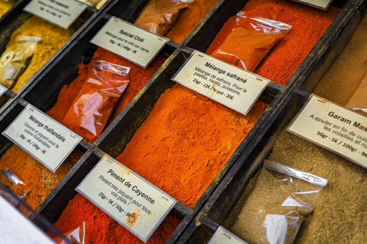 an organized display of various spices and their prices