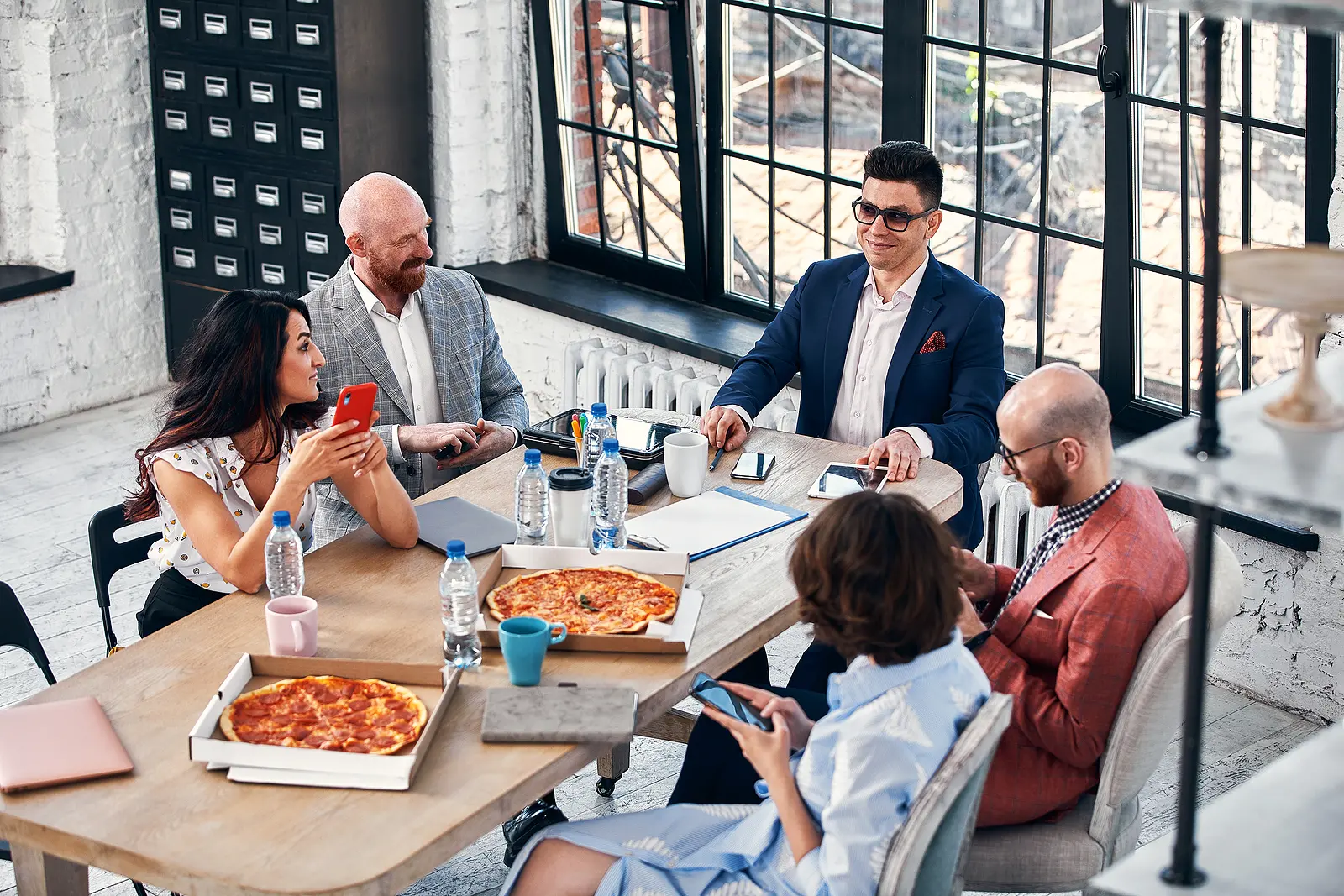 a business team bond at lunch