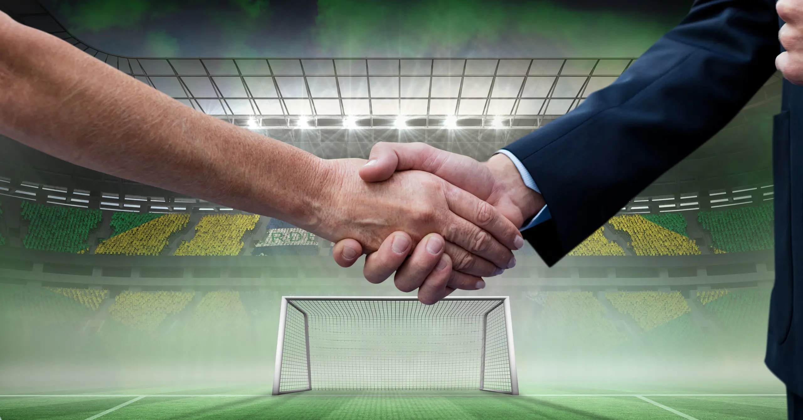Composition of businessmen shaking hands over sports stadium. sports, deal, agreement and competition concept digitally generated image.