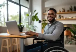 a man in a wheelchair working happily at his job