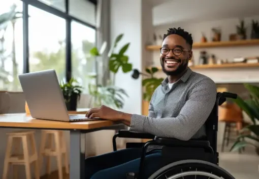 a man in a wheelchair working happily at his job