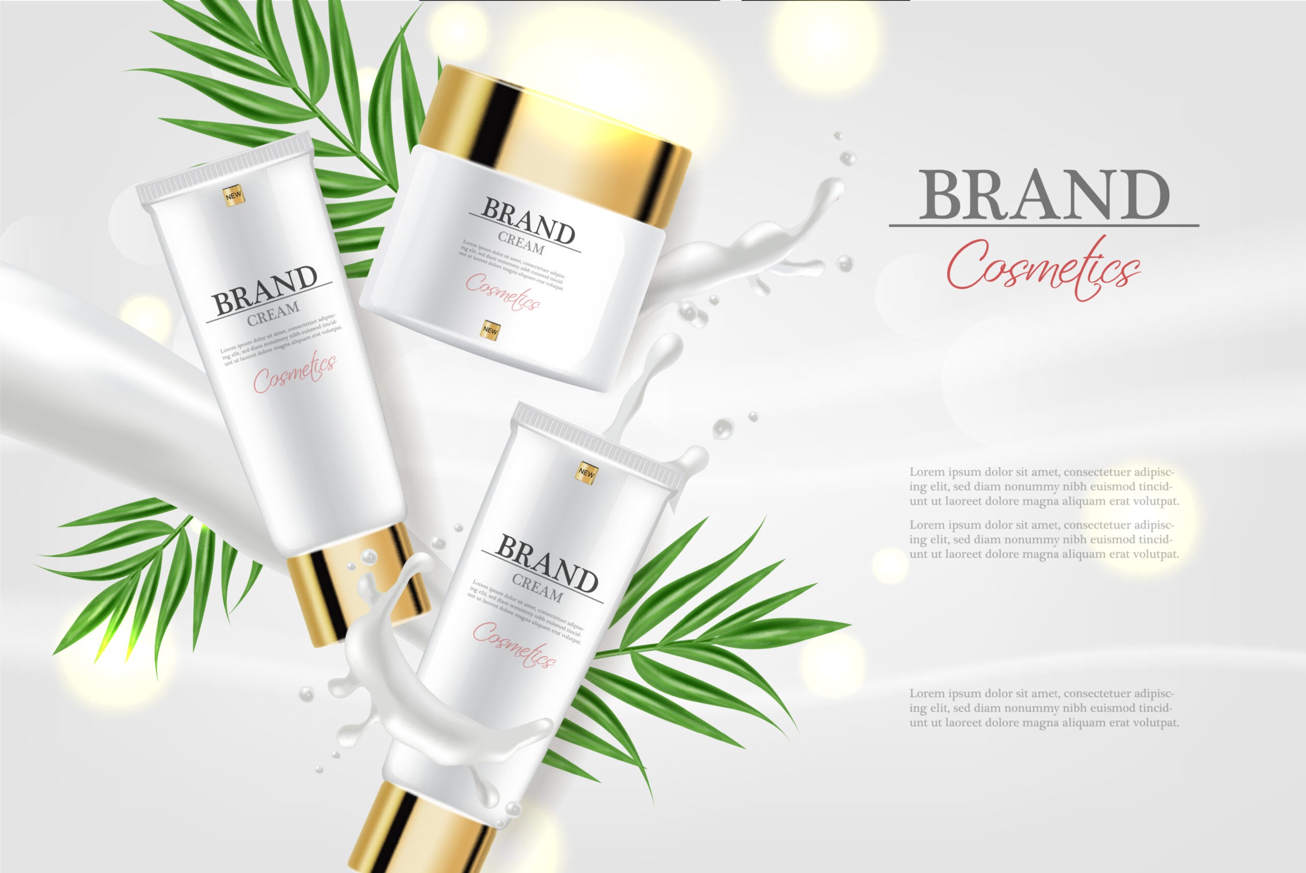 Cosmetics cream moisturizer hydration Vector realistic. Product packaging mockup. Detailed white bottles with label design. 3d template illustrations
