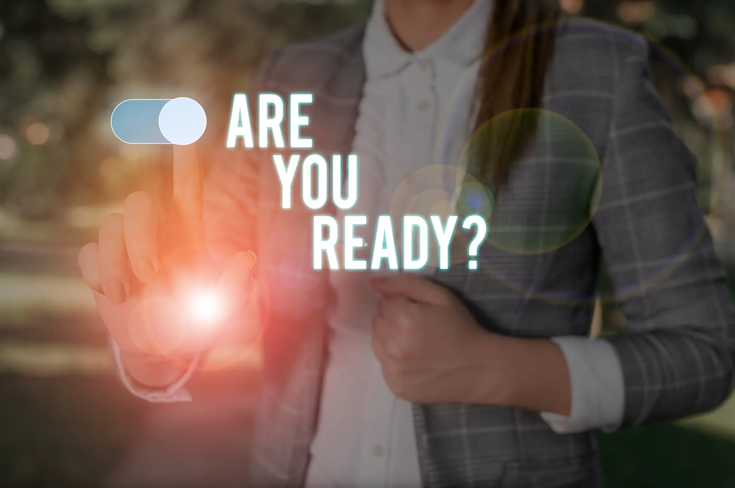 Text sign showing Are You Ready Question. Business photo showcasing Setting oneself on the activity Being Prepared Woman wear formal work suit presenting presentation using smart device