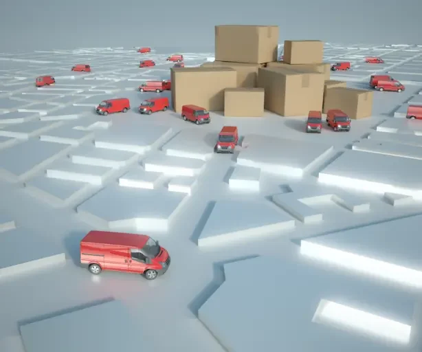 a computer rendering of vans and boxes emphasizing the importance of tracking technology