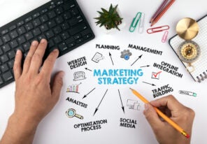 a stylized illustration mixed with a photo showing different facets of marketing strategy