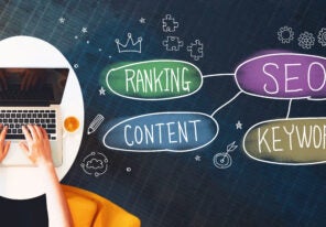 an infographic highlighting SEO as a concept made up of the words Ranking, Content, and Keywords