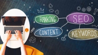 an infographic highlighting SEO as a concept made up of the words Ranking, Content, and Keywords